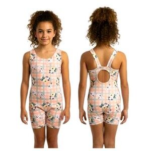 Gilda Marx VTG 90s Kids Cotton Peach Plaid Floral Biketard Singlet Size 12/14
